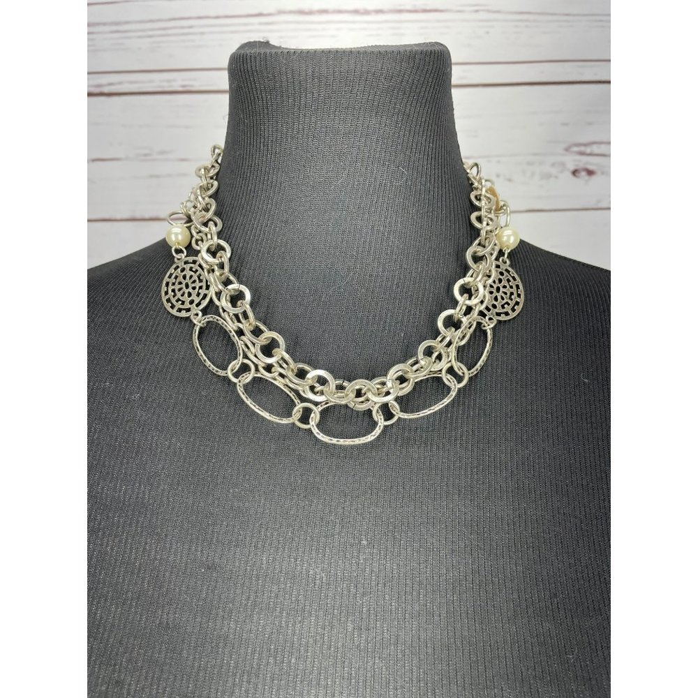 Beautiful Multi Layered Silver‎ Metal Chain Round Pearl Button Necklace